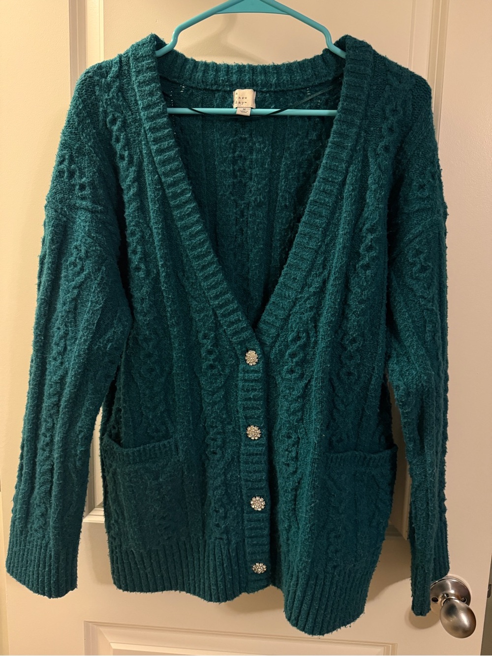 Emerald Green Cable Knit Women's Cardigan Sweater with Crystal Buttons